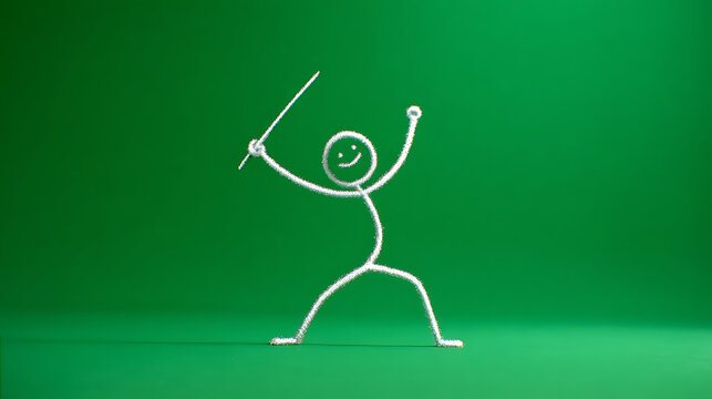A stick figure drawing of a person with a smiley face holding a sword on a green background in a powerful stance