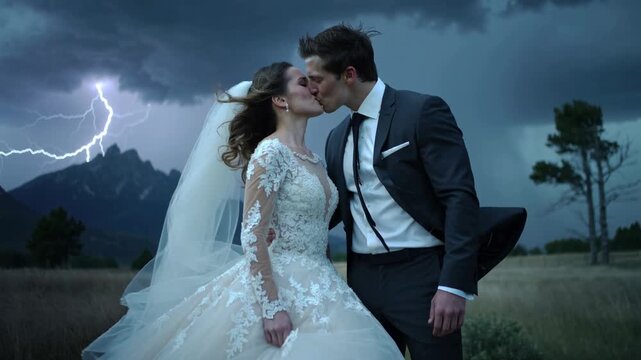 A romantic couple shares a tender kiss on their wedding day, set against a dramatic stormy landscape with lightning in the background.