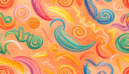 Fototapeta premium Whimsical Colorful Swirls and Abstract Shapes on a Soft Orange Background - A Playful and Energetic Artistic Pattern