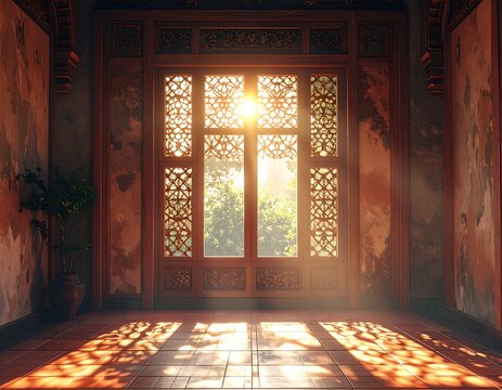 A wooden-framed window with intricate carvings lets in sunlight. The sun brightens the room with detailed patterns