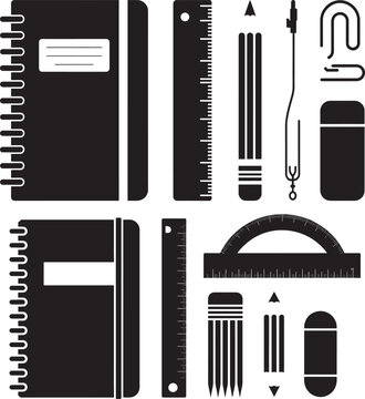 black and white illustration of school supplies icons