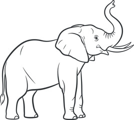 Fototapeta premium Black and white outline drawing of a majestic elephant standing proudly with its long trunk raised high in the air, perfect for children's coloring books or simple animal illustration projects.