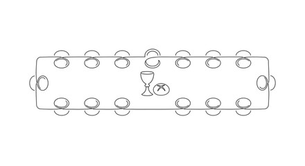 Fototapeta premium Minimalist continuous line drawing of the Last Supper table with chalice and bread symbol.