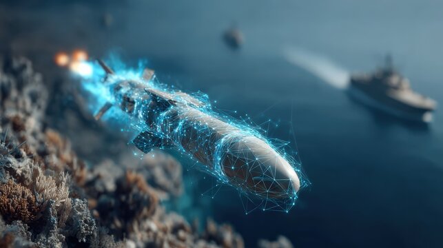A digital representation of torpedo moving underwater with ship on the background, showcasing marine technology and warfare innovation. ..Created with Generative AI, not depicting real subjects.