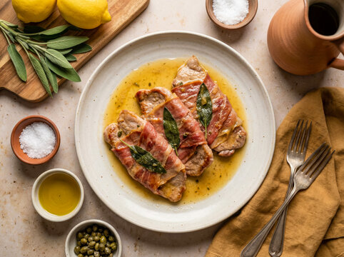 Top view of Saltimbocca alla Romana with veal, prosciutto, and sage served with capers and lemon