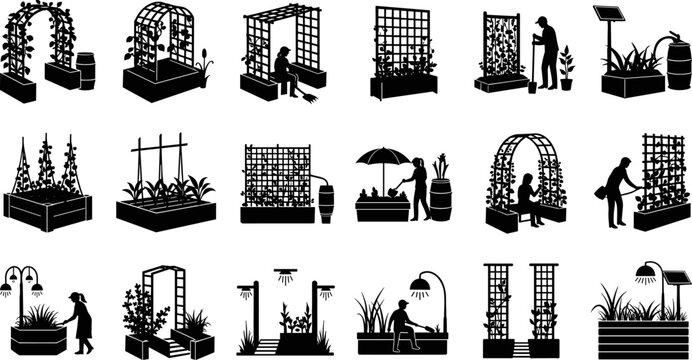 Black silhouette vector icons of gardeners working in raised garden beds with trellises, wooden planter boxes, pergolas, solar lighting, and backyard landscaping maintenance elements.