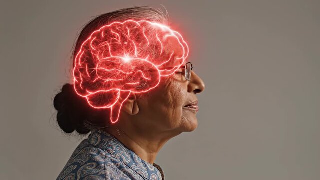Elderly woman with glowing red brain, symbolizing cognitive health and neurological activity