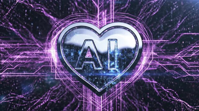 Artificial Intelligence Heart Symbol with Futuristic Circuitry and Digital Network Background