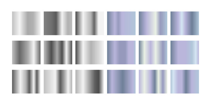 Metallic hologram frame collection with gradient transitions from silver chrome to iridescent rainbow finishes for modern design. Rectangular borders with reflective surfaces and color shifting effect