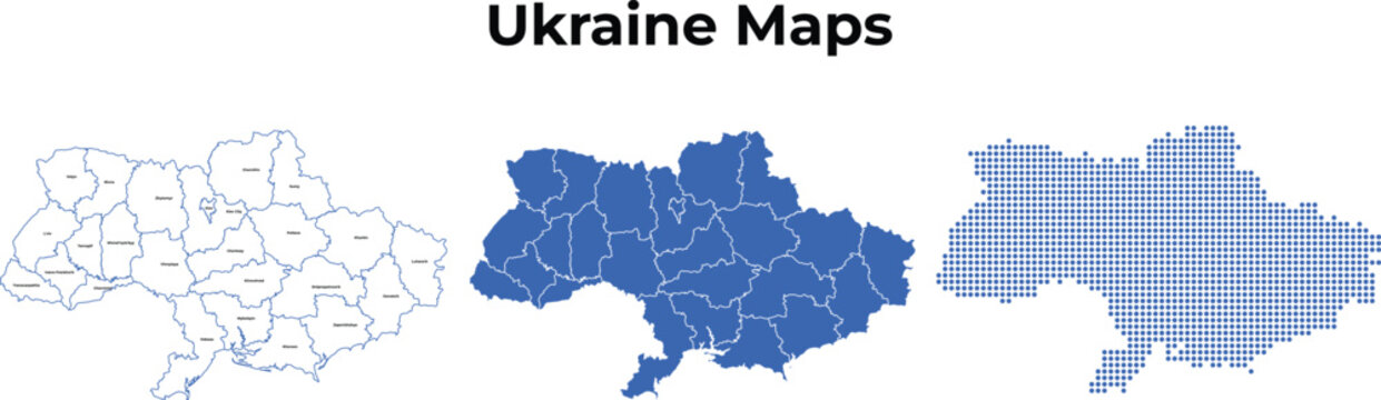 Ukraine map set with regions outline solid and dotted styles
