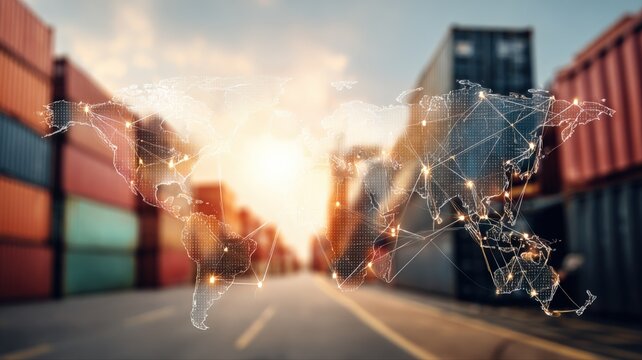 Global Logistics Network Connecting World Cargo Shipping Routes with Container Transportation Infrastructure at Port