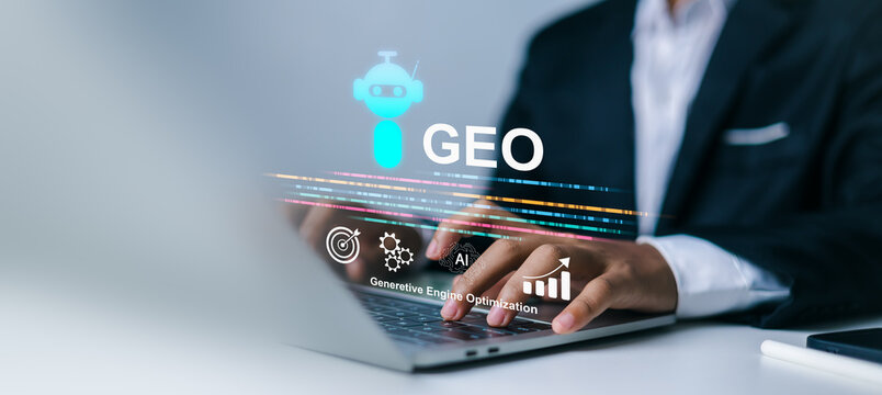 Generative engine optimization geo for digital marketing strategy.Businessman using ai for generative engine optimization on laptop.Future of search engine optimization with geo and ai bot.