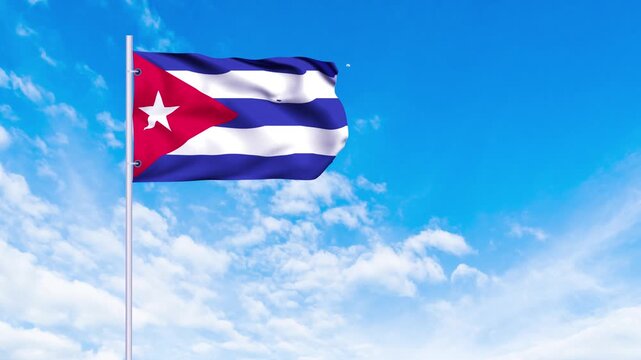 Flag of Cuba Waving in the wind, blue sky with clouds Background, Slow Motion, Realistic Animation, 4K