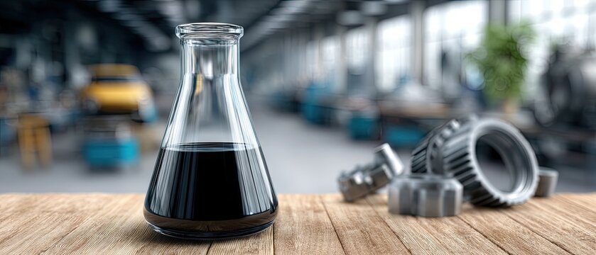 Black engine oil in laboratory glass flask with industrial equipment in the background shows a work area focused on fluid analysis and testing
