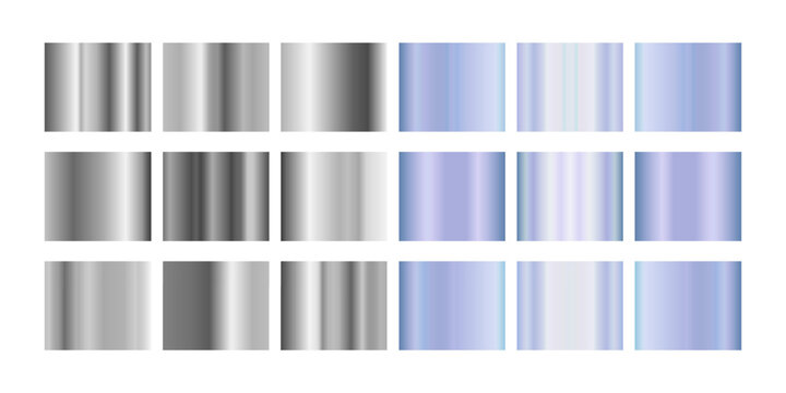 Metallic hologram frame collection with gradient transitions from silver chrome to iridescent rainbow finishes for modern design. Rectangular borders with reflective surfaces and color shifting effect