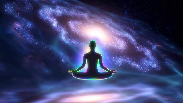 Slow zoom tracking shot of silhouetted figure meditating levitating over galaxy nebula space with glowing aura and misty light