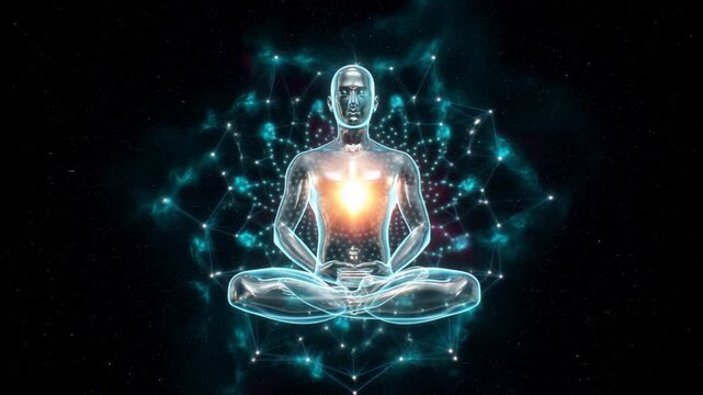 Slow motion zoom in of translucent humanoid figure meditating with glowing heart and expanding neural network backdrop in cosmic space setting