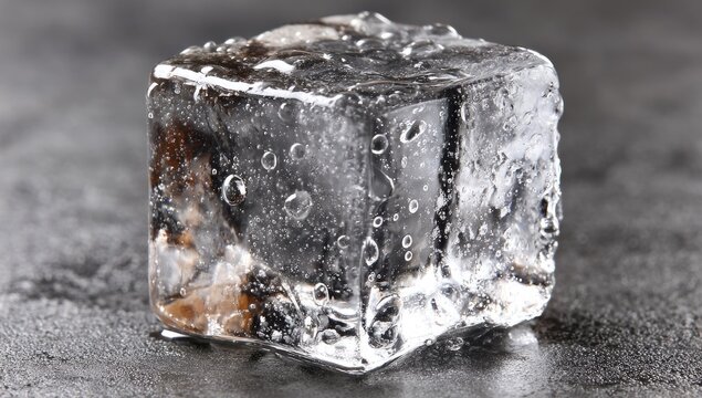 Transparent ice cube close up details water droplets cooling refreshing drink