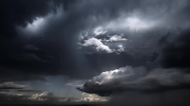 Time lapse static shot of lightning striking cumulonimbus storm clouds illuminating dark sky over distant horizon landscape