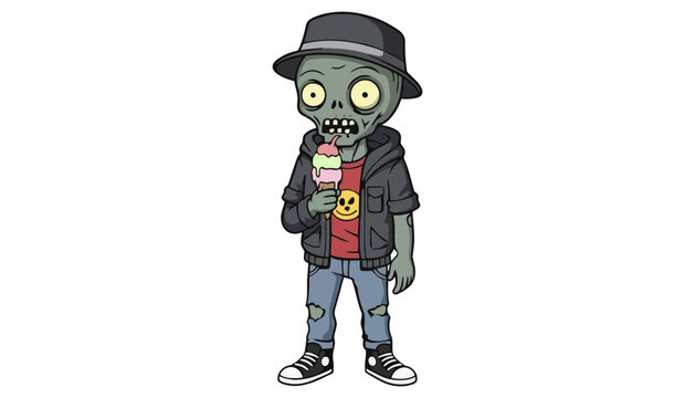 Zombie cartoon character wearing a black hat and holding ice cream