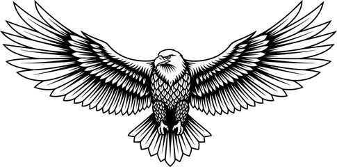 Fototapeta premium Majestic bald eagle illustration with powerful spread wings, showcasing strength, freedom, and national pride in a stylized black and white vector design against a clean background.