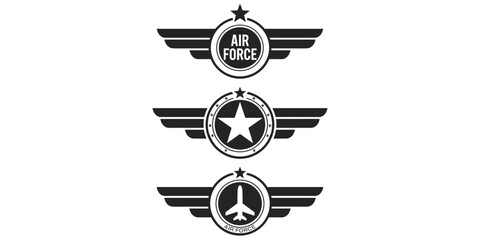 Obraz premium Air Force insignia collection with wings, stars, airplane symbol, circular emblems, military aviation strength, national service design, flat vector illustration