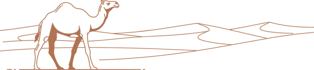 A charming illustrated camel walks gracefully across a stark desert landscape featuring minimalist sand dunes and a warm setting sun, perfect for travel, adventure, and nature themes. © Mudassir