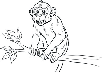 Adorable cartoon baby monkey sitting happily on a tree branch with leaves, presented as a black and white line art illustration perfect for children's coloring book pages and educational activities. © Mudassir
