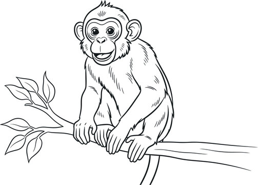 Adorable cartoon baby monkey sitting happily on a tree branch with leaves, presented as a black and white line art illustration perfect for children's coloring book pages and educational activities.