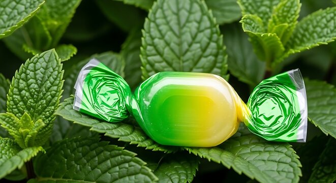 Close-up of a wrapped mint candy resting on fresh green mint leaves.