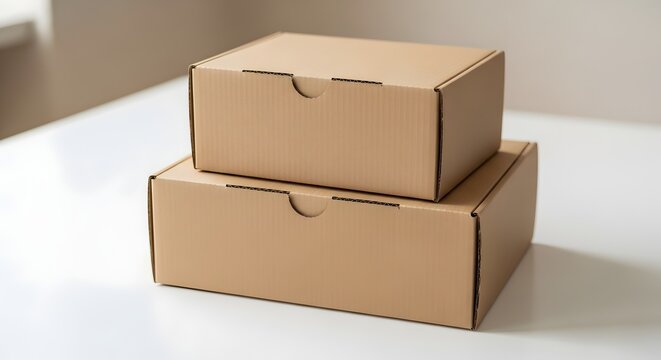 Two brown cardboard boxes stacked on a white surface in a room