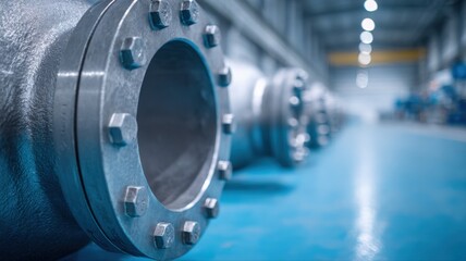Fototapeta premium Industrial Pipeline Flanges with Bolted Connections in a Modern Factory Setting Showing Precision Engineering