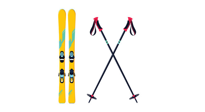 Essential winter sports equipment featuring a pair of yellow skis and two black ski poles crossed against a clean white background.