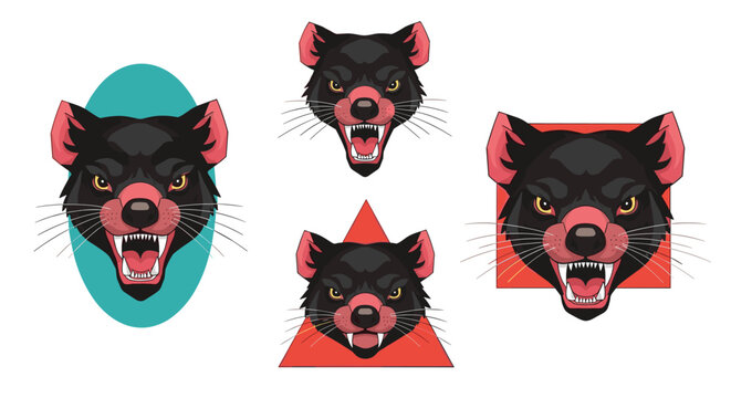 Set of four Tasmanian devil heads showing fierce expressions like snarling and baring teeth in various colorful shapes.