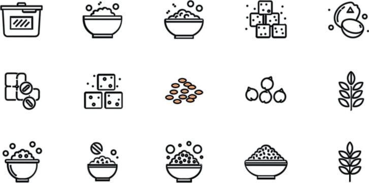 Plant based food outline icons vector set with grains, lentils, tofu, seeds and bowls, minimal nutrition symbols for vegan diet design illustration