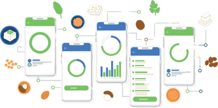 Plant based nutrition dashboard vector with mobile app UI screens, data charts, healthy food analytics and diet tracking interface design illustration