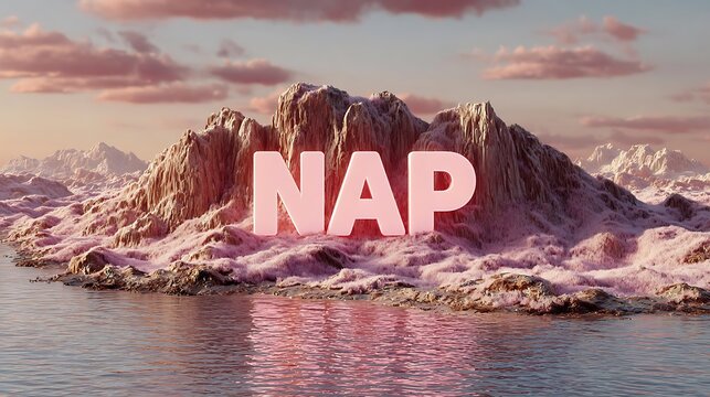 Large pink 3d letters spelling nap situated on a rocky landscape by a calm body of water at dusk