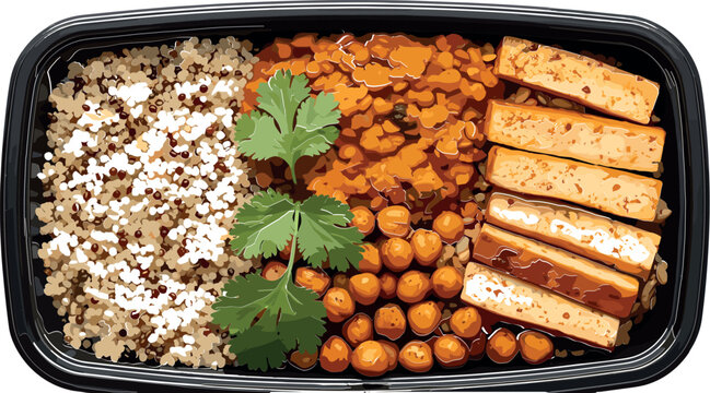 Healthy meal prep container vector with quinoa, lentils, chickpeas and tofu strips, balanced plant based protein lunch box and clean eating illustration