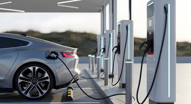 Sleek silver electric car charging at a modern station with multiple charging points.