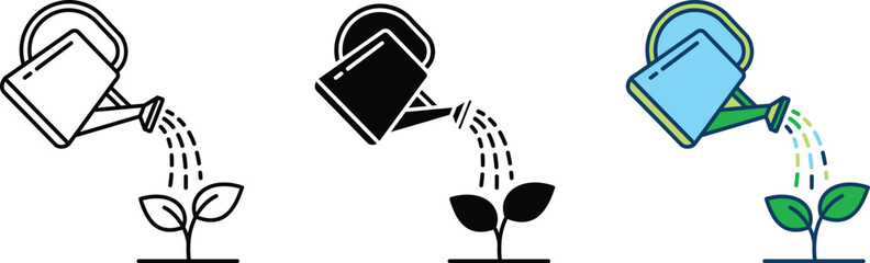 Different styles of watering cans with plants Vector © artistt