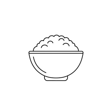 Simple line art illustration of a bowl filled with fluffy white rice ready to eat.