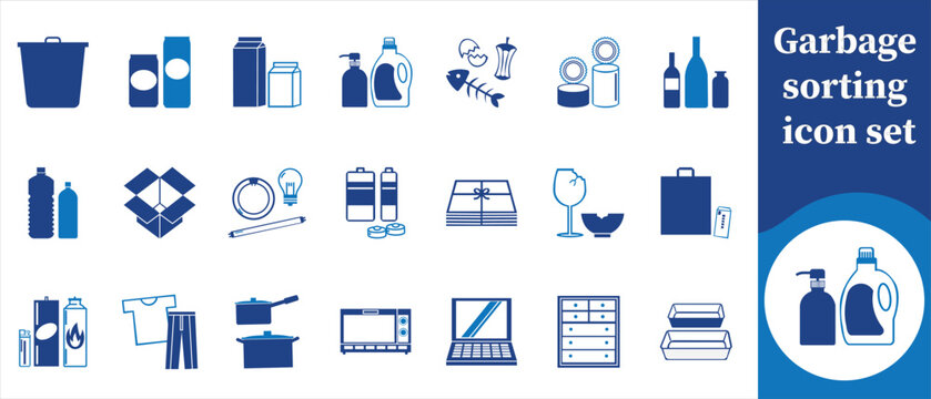 A collection of blue icons depicting various household waste items and containers for effective garbage sorting and recycling practices high quality professional detailed