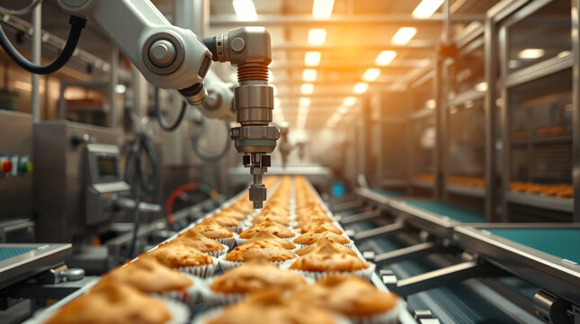 Robotic system efficiently manufactures muffins on an industrial production line showcasing technology in food processing