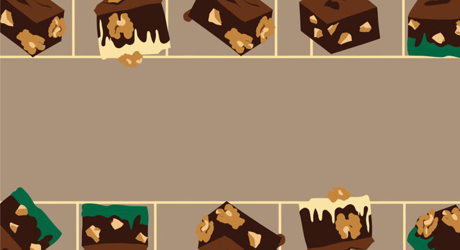 A brown background with a decorative border of chocolate brownies topped with walnuts and some with white frosting, creating a sweet frame.