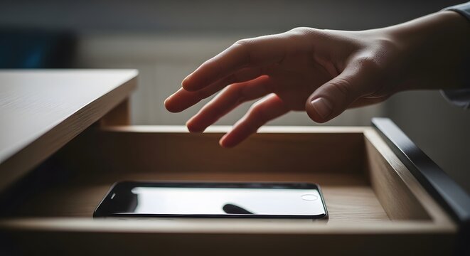 A person hesitantly places their smartphone in a drawer or box, their hand held as if tempted to pick it up.