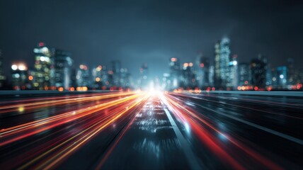 Obraz premium Cityscape at Night with Abstract Light Trails, Urban Landscape, and Modern Architecture