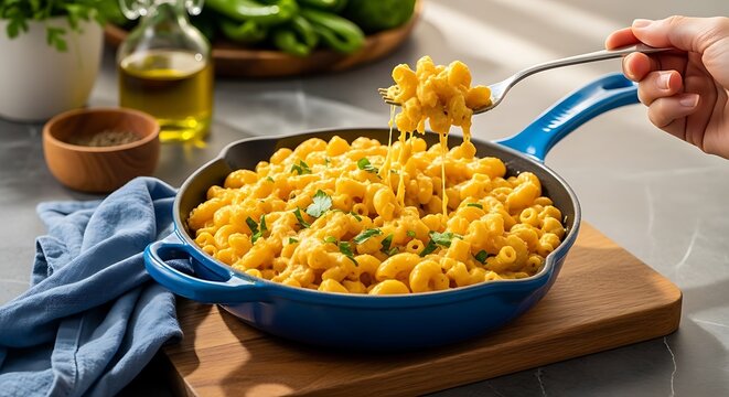 Macaroni and cheese in a blue pan on a wooden board with a hand holding a fork