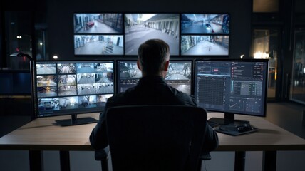 Fototapeta premium Security Control Room Operator Monitoring Multiple Surveillance Camera Feeds for Crime Prevention and Safety