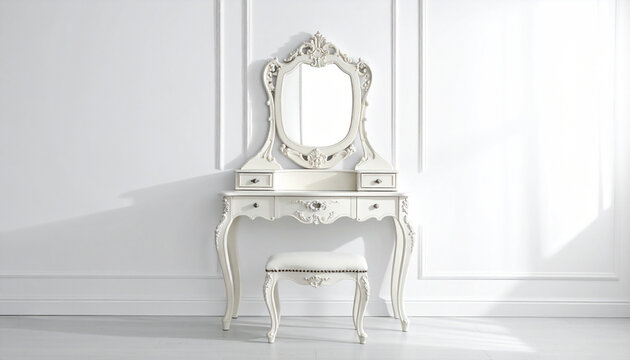 White vintage vanity table with ornate mirror and upholstered stool