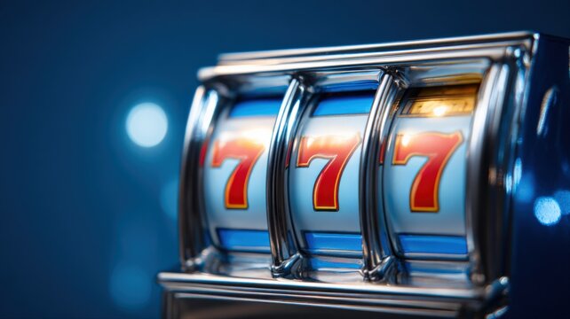 Jackpot Concept: Close-up of a Slot Machine with Triple Sevens Displayed, Indicating a Big Win